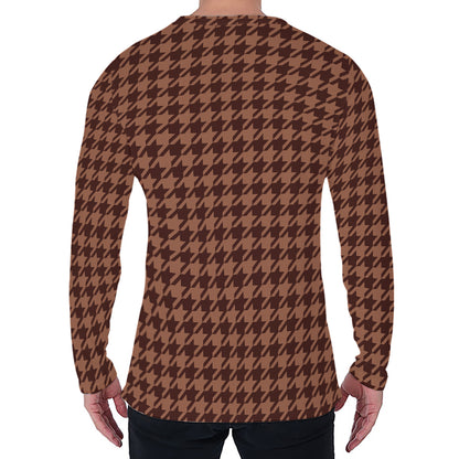 Red Brown Houndstooth Pattern Print Men's Long Sleeve T-Shirt