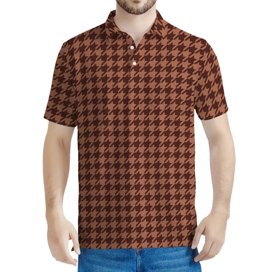 Red Brown Houndstooth Pattern Print Men's Polo Shirt