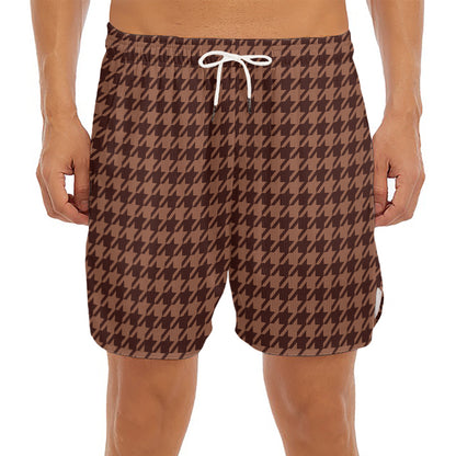 Red Brown Houndstooth Pattern Print Men's Split Running Shorts