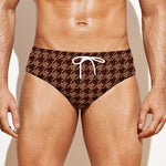 Red Brown Houndstooth Pattern Print Men's Swim Briefs