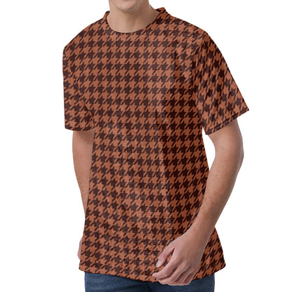 Red Brown Houndstooth Pattern Print Men's Velvet T-Shirt