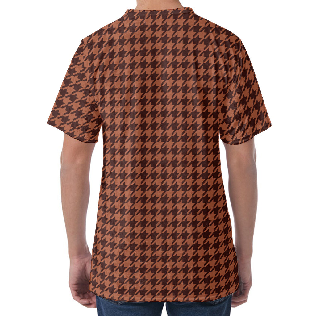 Red Brown Houndstooth Pattern Print Men's Velvet T-Shirt