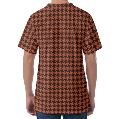 Red Brown Houndstooth Pattern Print Men's Velvet T-Shirt