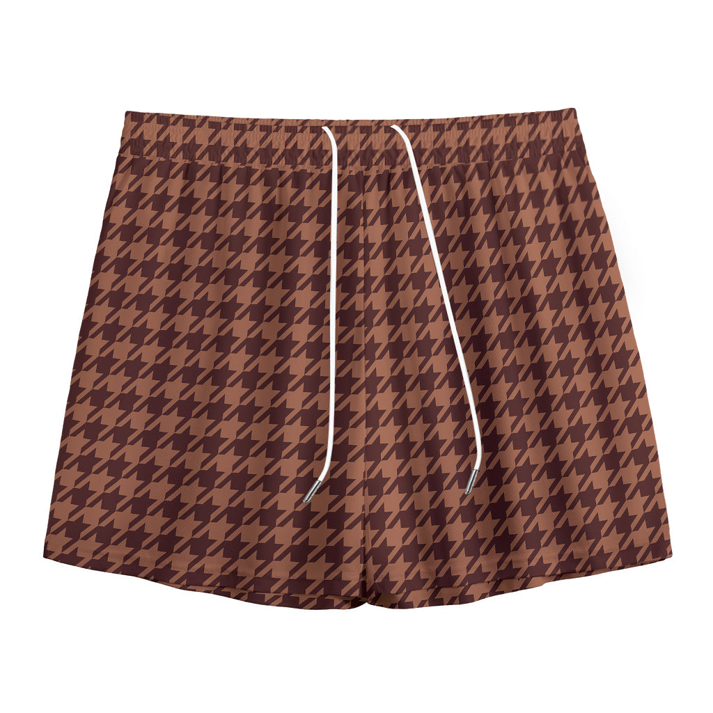 Red Brown Houndstooth Pattern Print Mesh Shorts