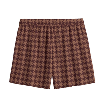 Red Brown Houndstooth Pattern Print Mesh Shorts