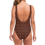 Red Brown Houndstooth Pattern Print One Piece Swimsuit