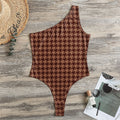 Red Brown Houndstooth Pattern Print One Shoulder Bodysuit