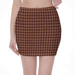 Red Brown Houndstooth Pattern Print Pencil Mini Skirt