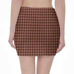 Red Brown Houndstooth Pattern Print Pencil Mini Skirt