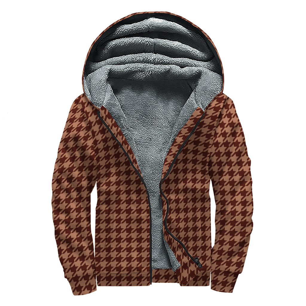 Red Brown Houndstooth Pattern Print Sherpa Lined Zip Up Hoodie