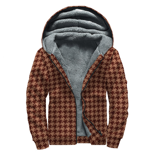 Red Brown Houndstooth Pattern Print Sherpa Lined Zip Up Hoodie