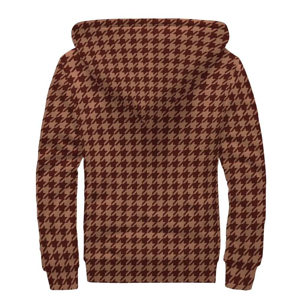 Red Brown Houndstooth Pattern Print Sherpa Lined Zip Up Hoodie