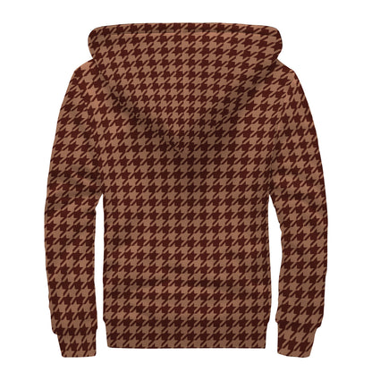 Red Brown Houndstooth Pattern Print Sherpa Lined Zip Up Hoodie