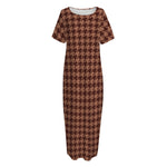 Red Brown Houndstooth Pattern Print Short Sleeve Long Nightdress
