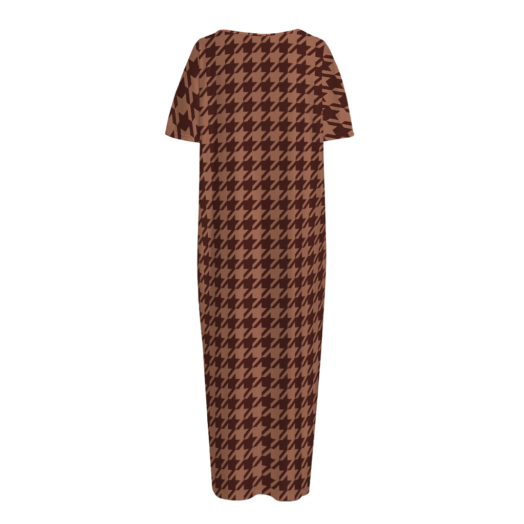 Red Brown Houndstooth Pattern Print Short Sleeve Long Nightdress