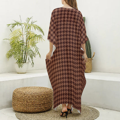 Red Brown Houndstooth Pattern Print Silk V-Neck Kaftan Dress