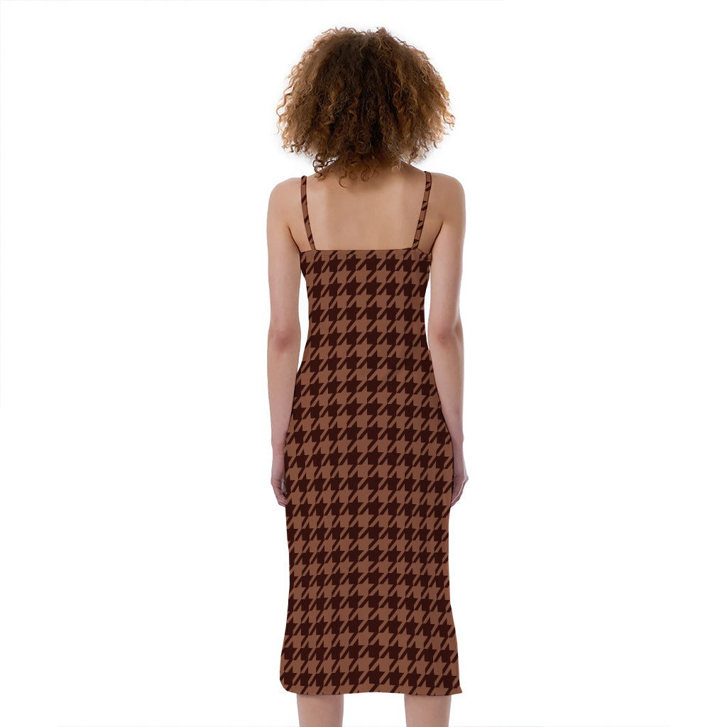 Red Brown Houndstooth Pattern Print Slim Fit Midi Cami Dress