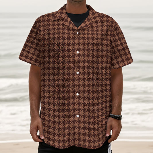 Red Brown Houndstooth Pattern Print Textured Short Sleeve Shirt
