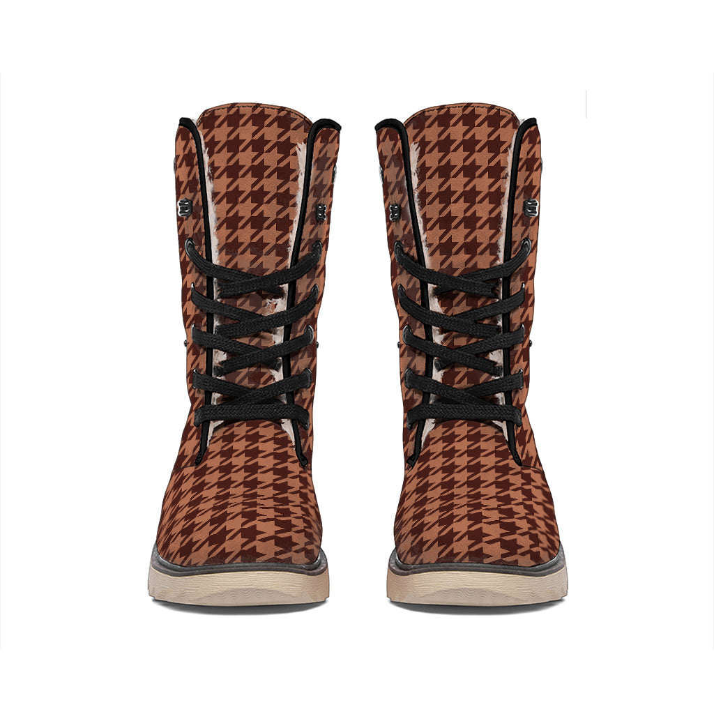 Red Brown Houndstooth Pattern Print Winter Boots