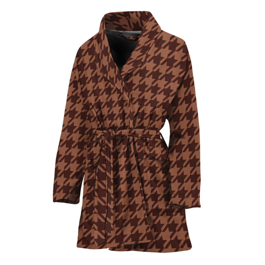 Red Brown Houndstooth Pattern Print Women's Bathrobe