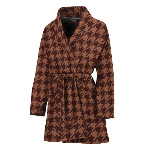 Red Brown Houndstooth Pattern Print Women's Bathrobe