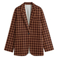 Red Brown Houndstooth Pattern Print Women's Cotton Blazer