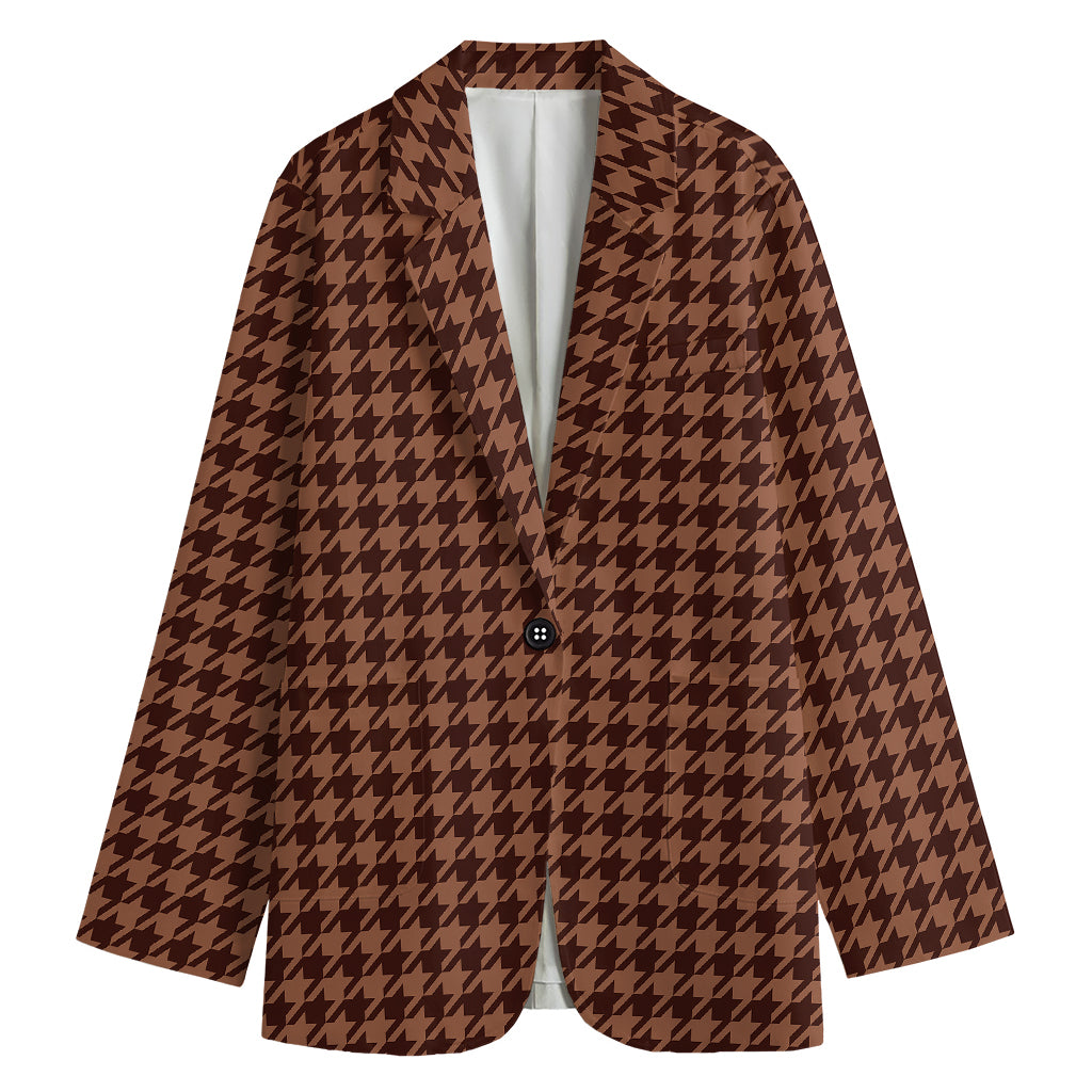 Red Brown Houndstooth Pattern Print Women's Cotton Blazer