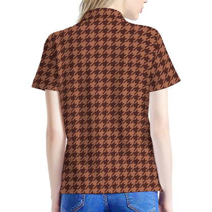 Red Brown Houndstooth Pattern Print Women's Polo Shirt