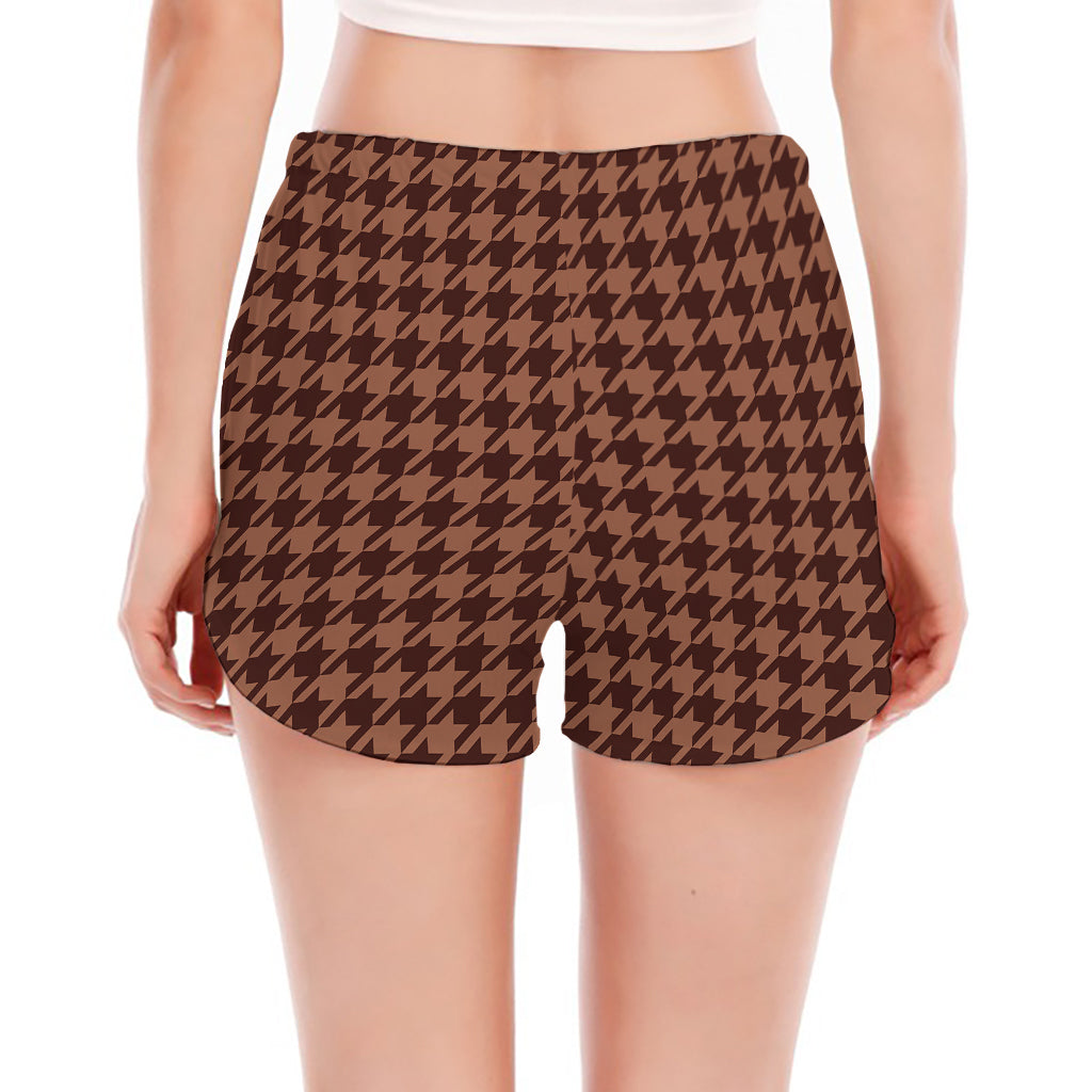 Red Brown Houndstooth Pattern Print Women's Split Running Shorts