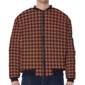 Red Brown Houndstooth Pattern Print Zip Sleeve Bomber Jacket