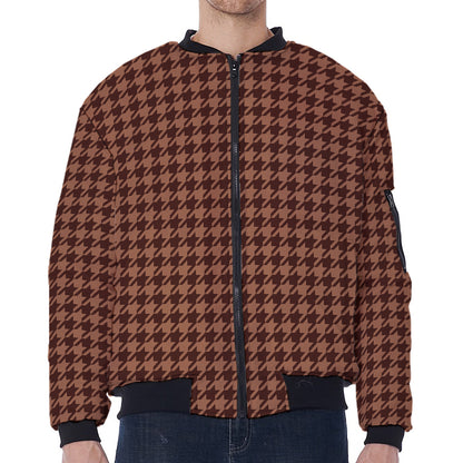 Red Brown Houndstooth Pattern Print Zip Sleeve Bomber Jacket