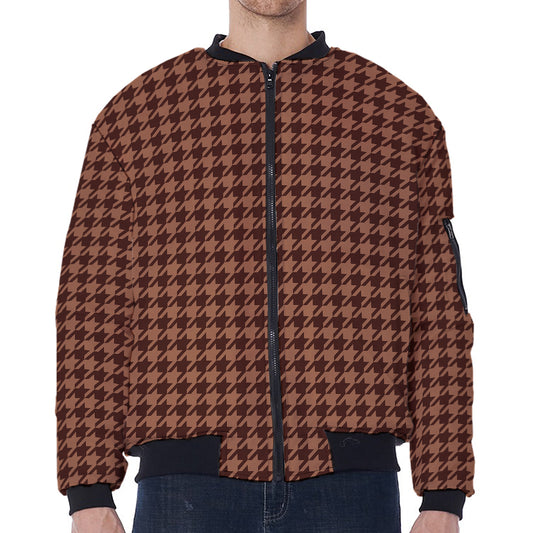 Red Brown Houndstooth Pattern Print Zip Sleeve Bomber Jacket