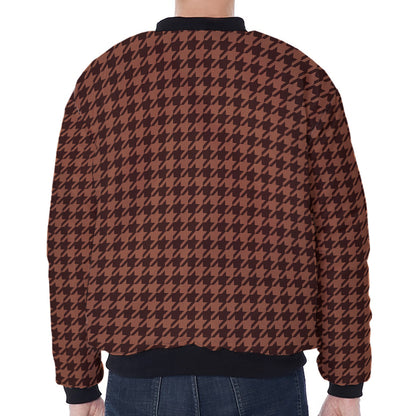 Red Brown Houndstooth Pattern Print Zip Sleeve Bomber Jacket