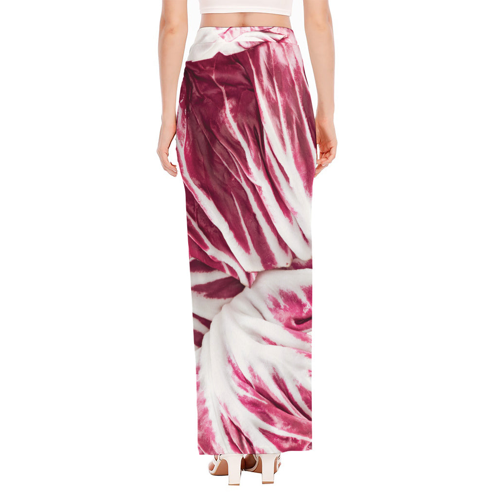 Red Cabbage Leaves Print High Slit Maxi Skirt