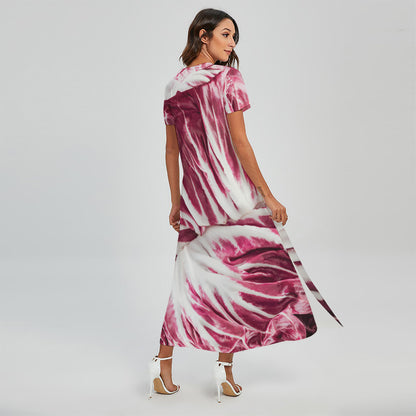 Red Cabbage Leaves Print Short Sleeve Maxi Dress