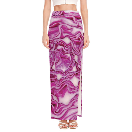Red Cabbage Print High Slit Maxi Skirt