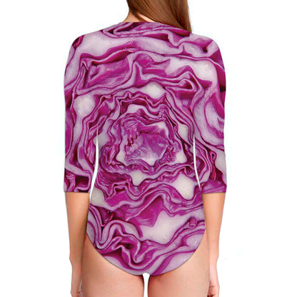 Red Cabbage Print Long Sleeve Swimsuit