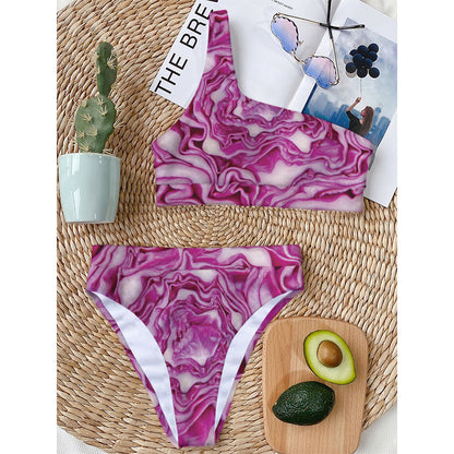 Red Cabbage Print One Shoulder Bikini Top