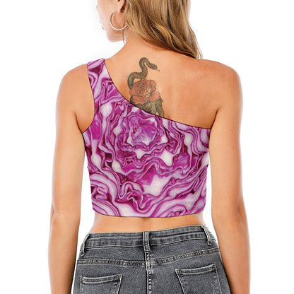 Red Cabbage Print One Shoulder Crop Top