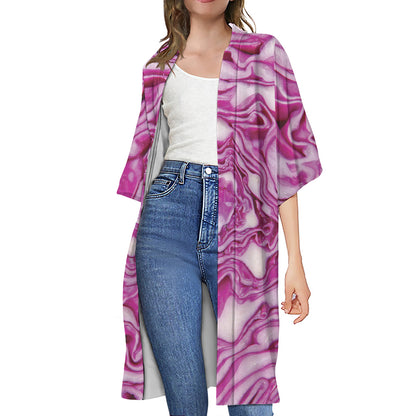 Red Cabbage Print Open Front Beach Cover Up
