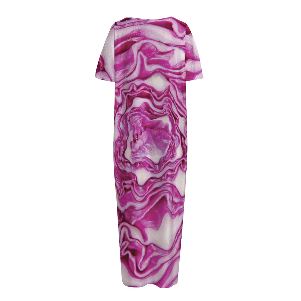Red Cabbage Print Short Sleeve Long Nightdress