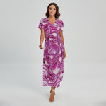 Red Cabbage Print Short Sleeve Maxi Dress