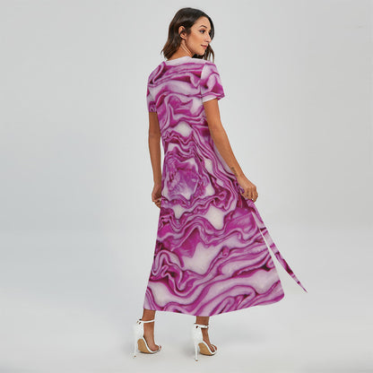 Red Cabbage Print Short Sleeve Maxi Dress