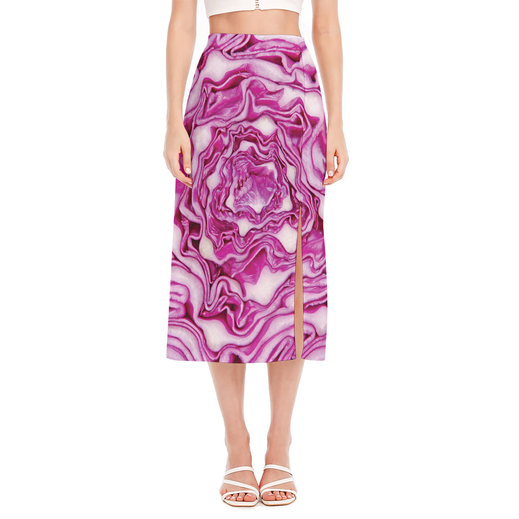 Red Cabbage Print Side Slit Midi Skirt