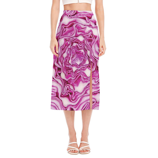 Red Cabbage Print Side Slit Midi Skirt