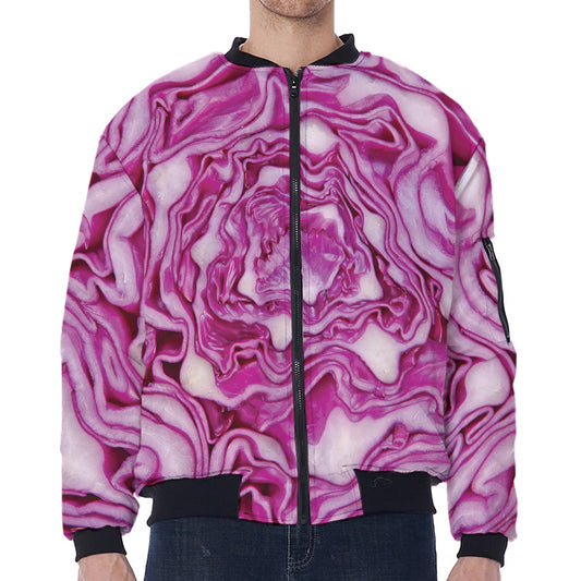 Red Cabbage Print Zip Sleeve Bomber Jacket
