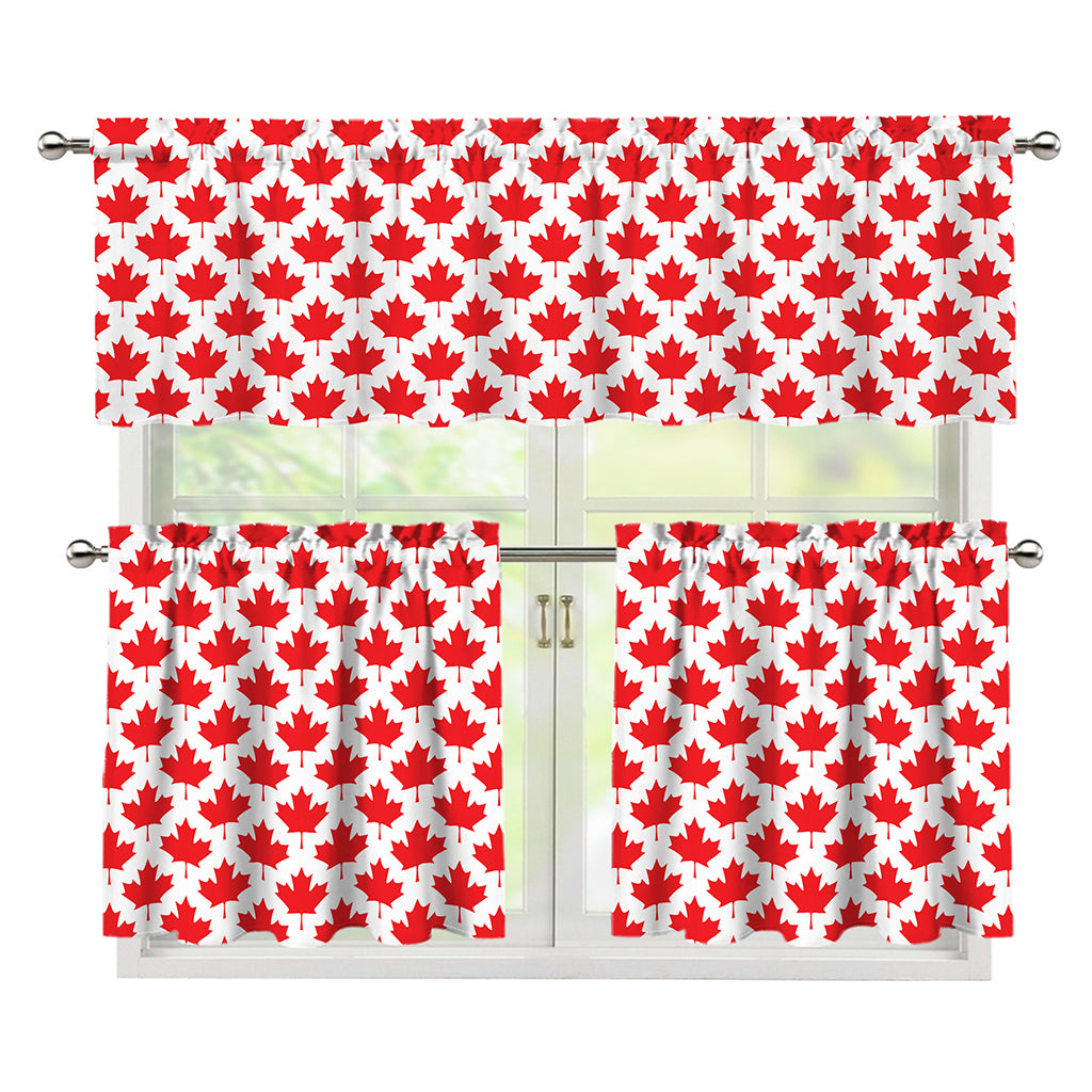 Red Canadian Maple Leaf Pattern Print 3 Piece Kitchen Curtains