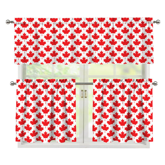 Red Canadian Maple Leaf Pattern Print 3 Piece Kitchen Curtains