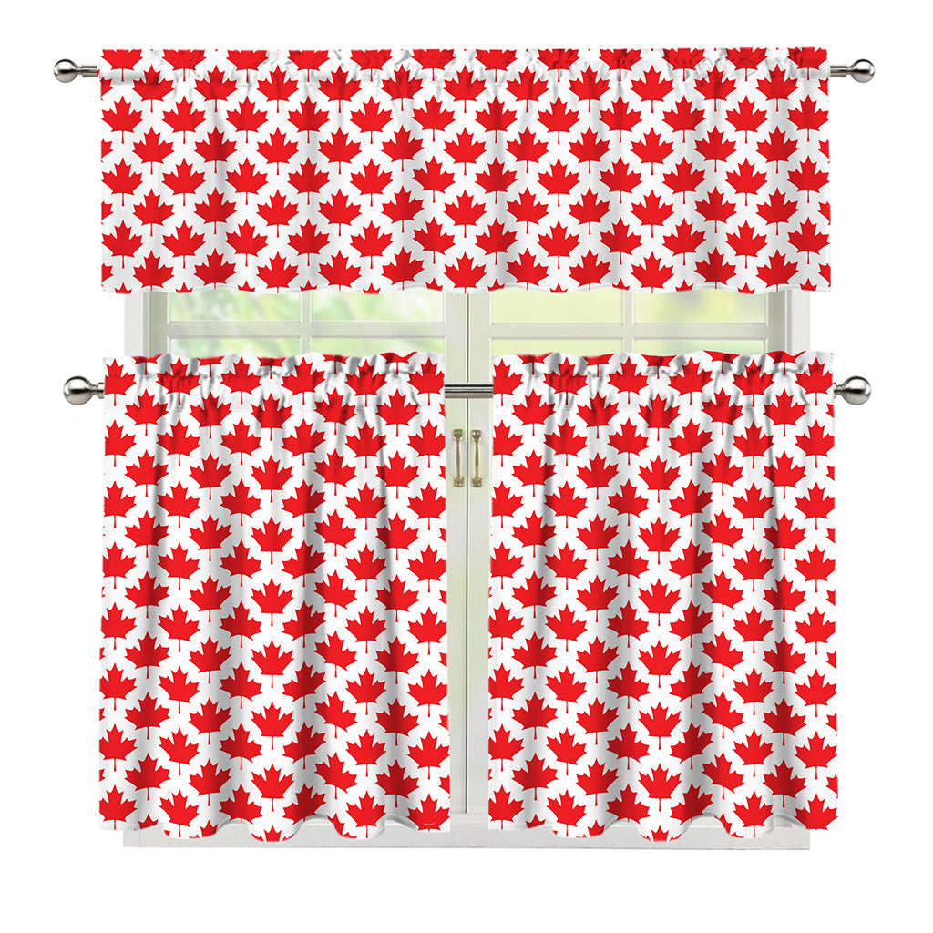 Red Canadian Maple Leaf Pattern Print 3 Piece Kitchen Curtains