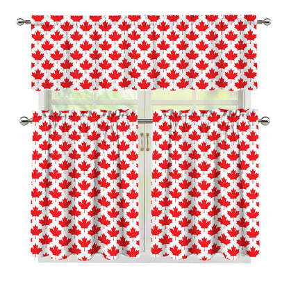 Red Canadian Maple Leaf Pattern Print 3 Piece Kitchen Curtains